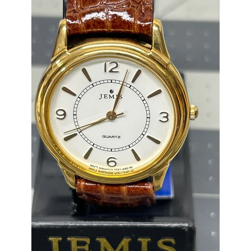 Vtg Jemis Quartz Watch Brown Gold Classic Leather Strap NOS Needs Battery